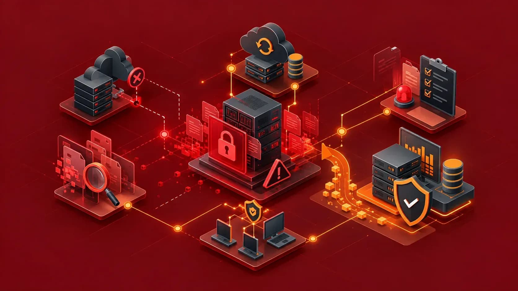 Ransomware saldırısı sırasında şifrelenen sunucu, yedekten geri dönüş ve olay müdahale adımlarını gösteren illüstrasyon