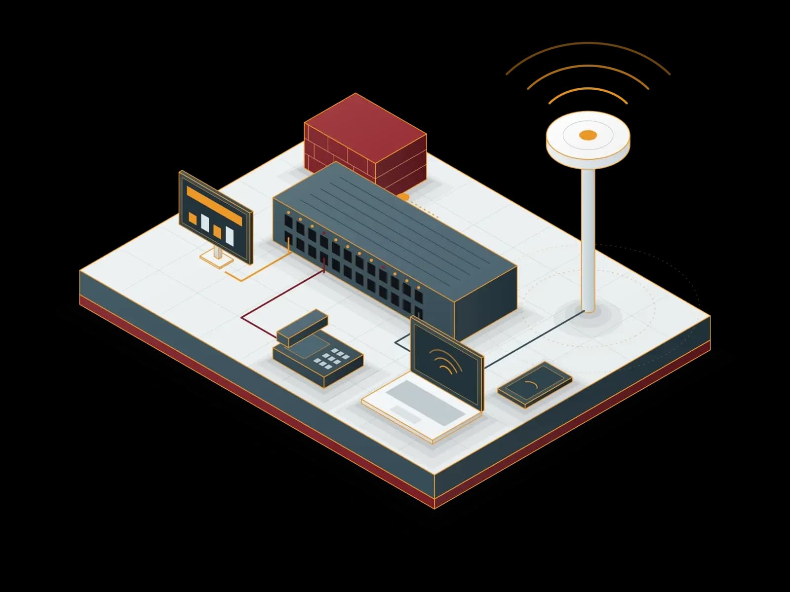 Kablolu ve kablosuz ağ yönetimi: merkez switch kablolarla bilgisayar ve IP telefona bağlanır, erişim noktası Wi-Fi yayar, kenarda güvenlik duvarı durur.